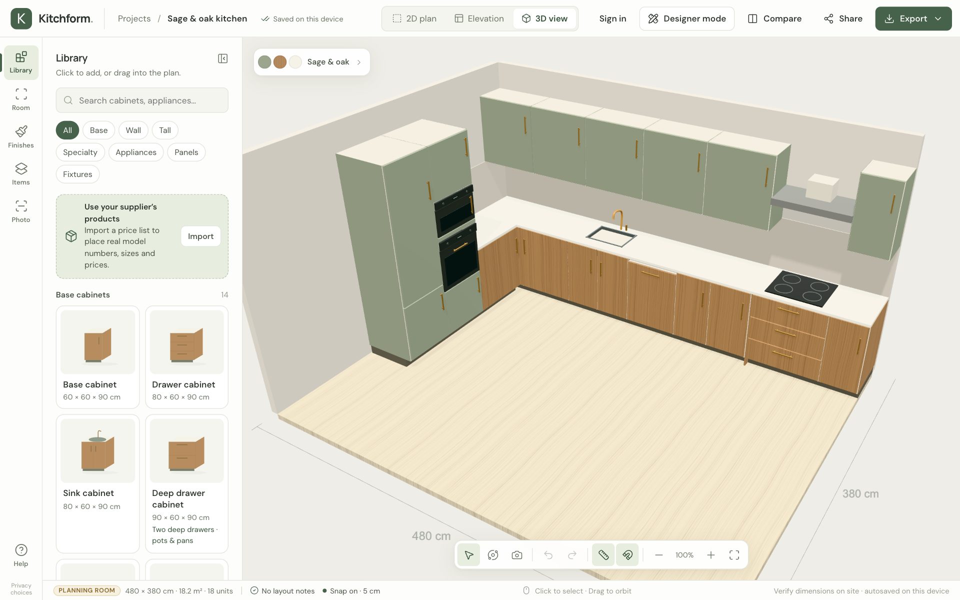 The same kitchen in the 3D view of the editor