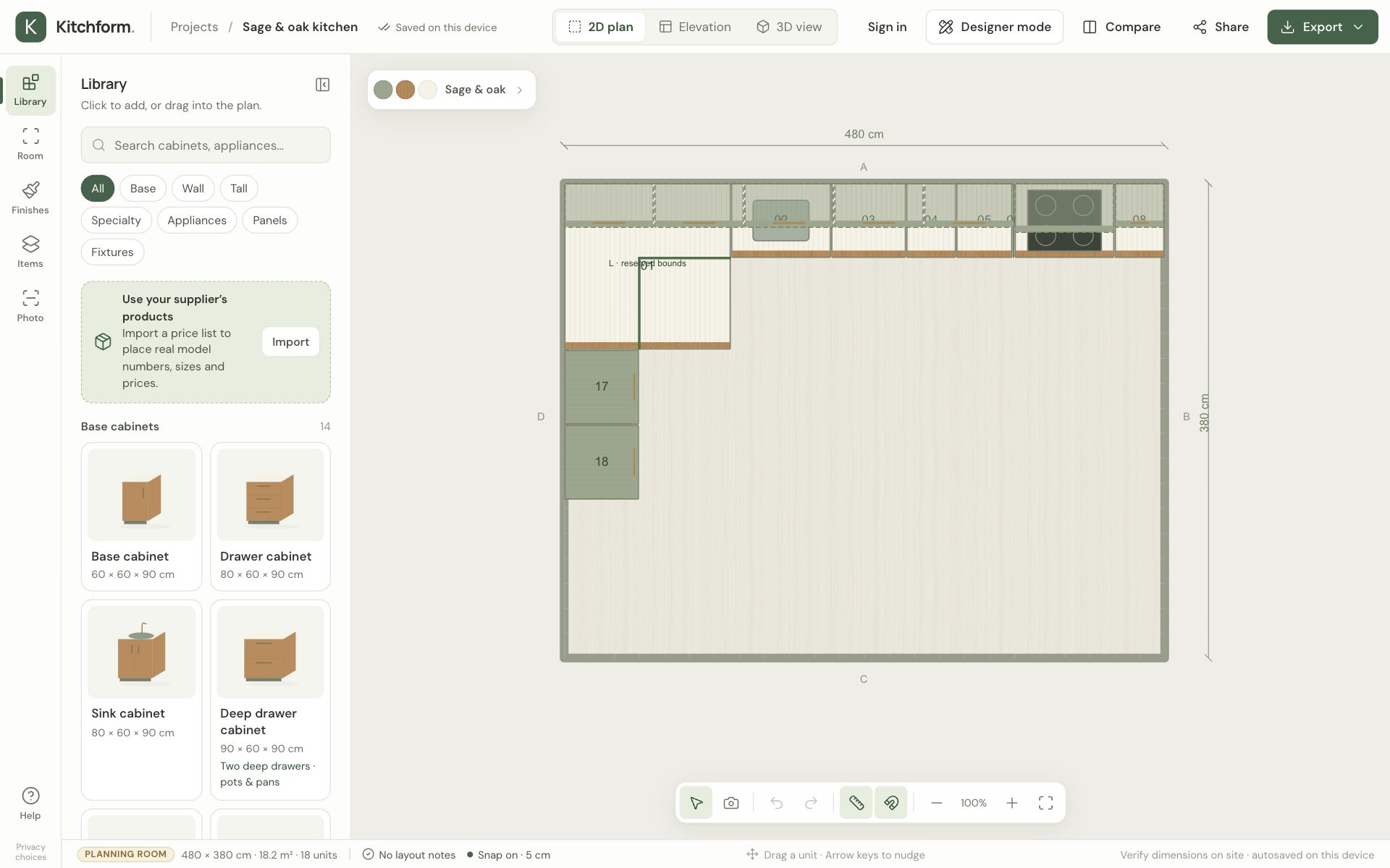 The Sage & oak kitchen as a measured top-down plan in the editor