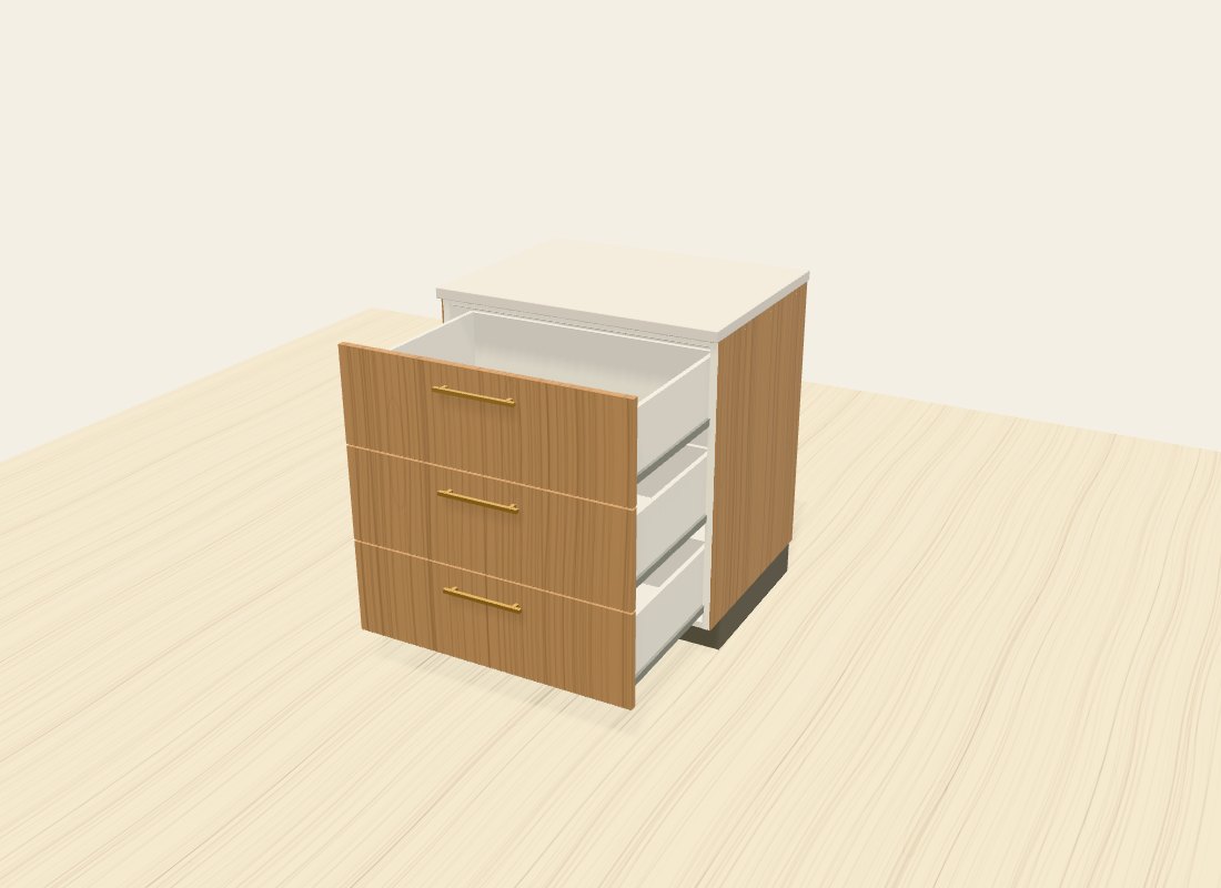 The same oak cabinet with three drawers open, showing the drawer boxes and side runners