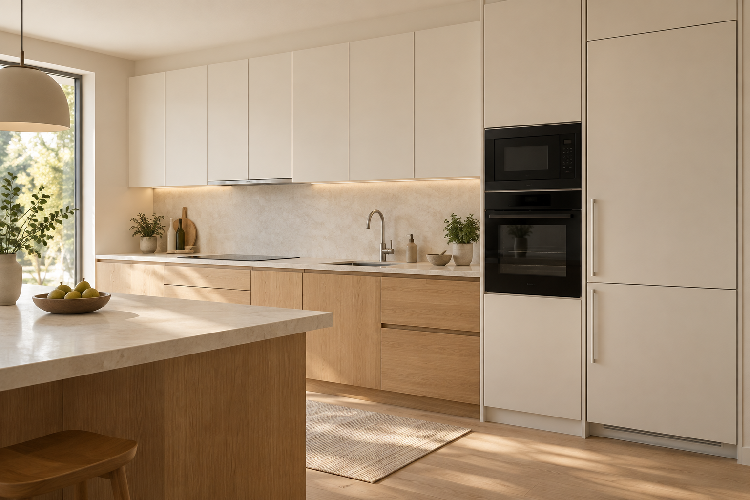 Illustrative warm modern kitchen with cream upper cabinets, oak lower cabinets and a stone island