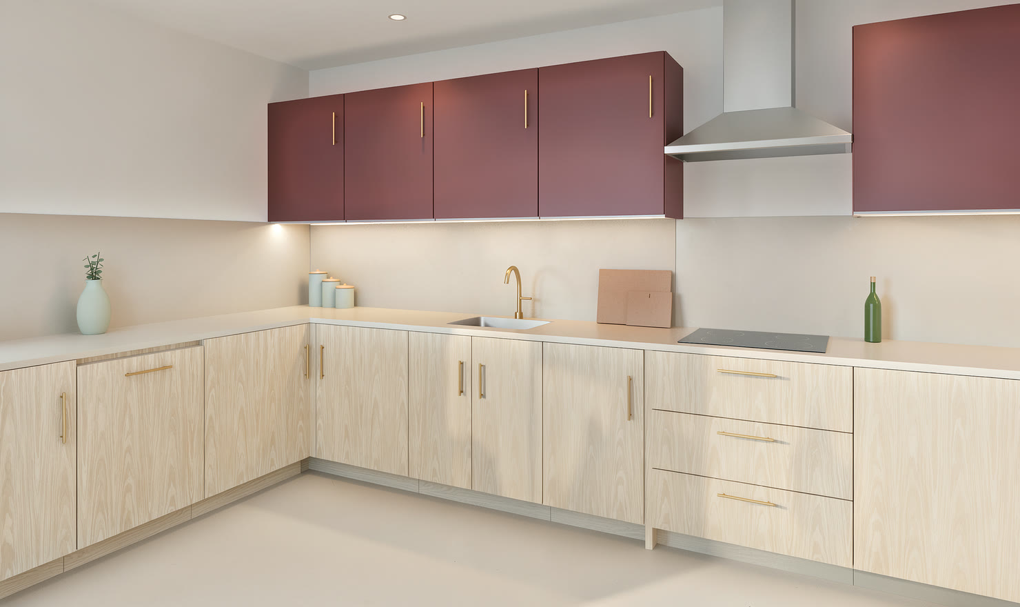 Burgundy and walnut U-shaped kitchen