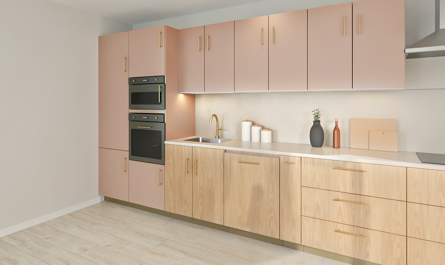 Clay and oak kitchen with a pale worktop