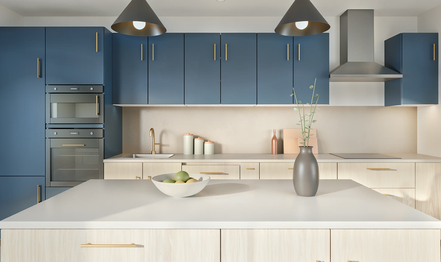 A High photo from Kitchform: navy wall units and an oak island
