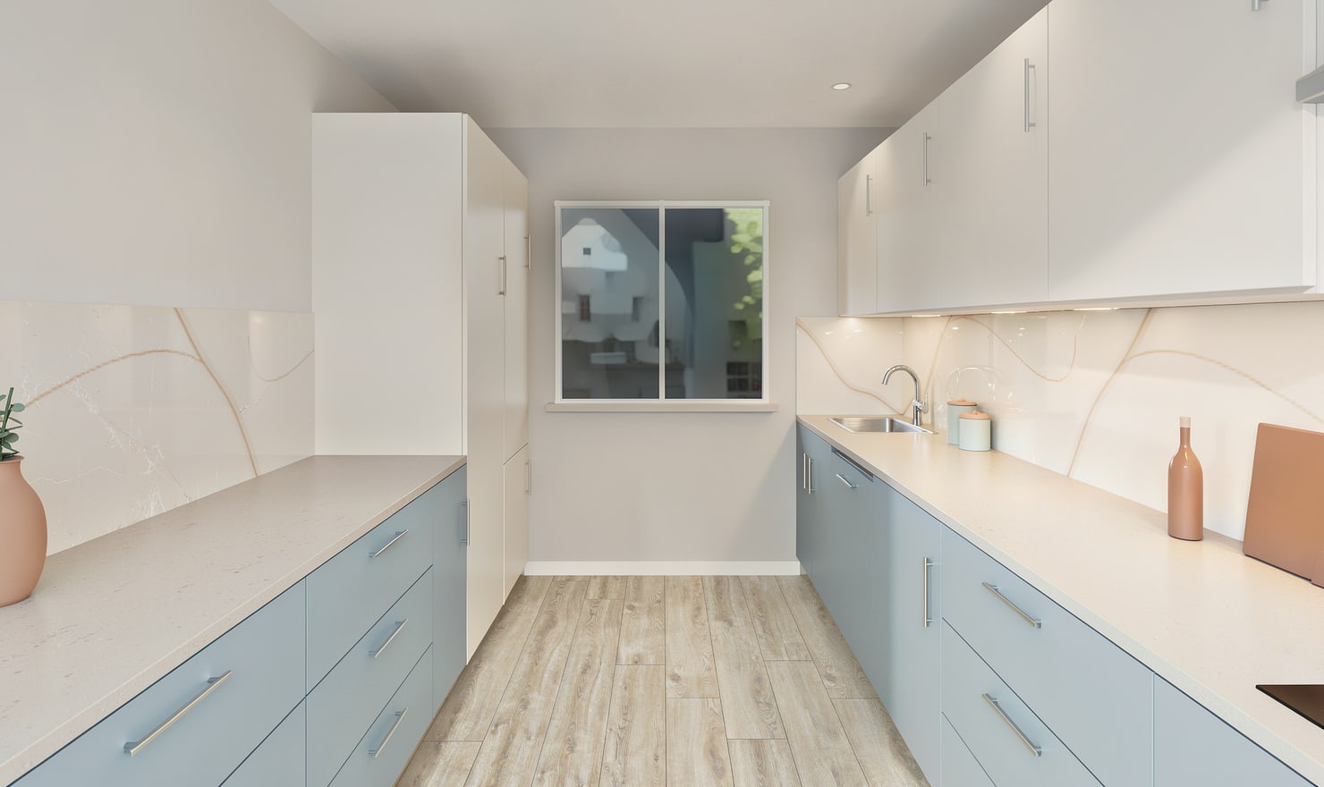 Rendered Kitchform kitchen with blue galley cabinets