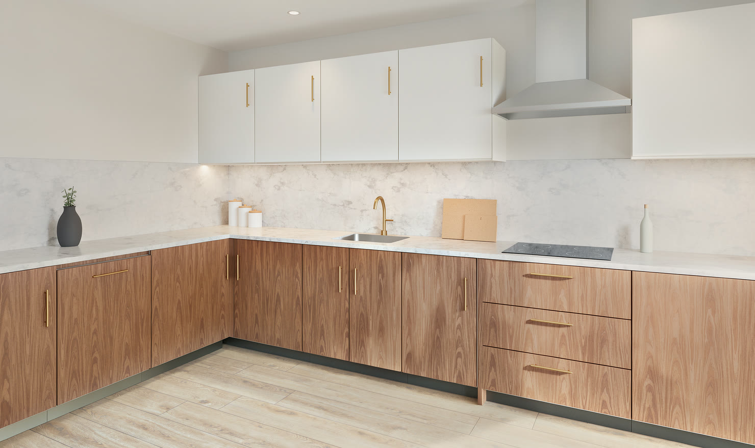 White kitchen with a Carrara marble worktop and backsplash