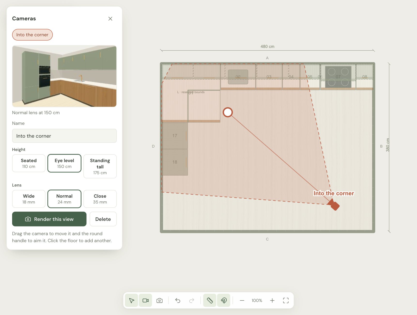 The Kitchform editor's 2D plan with a camera placed near the open corner, its field of view drawn as a cone, and the camera panel showing a preview, height and lens choices